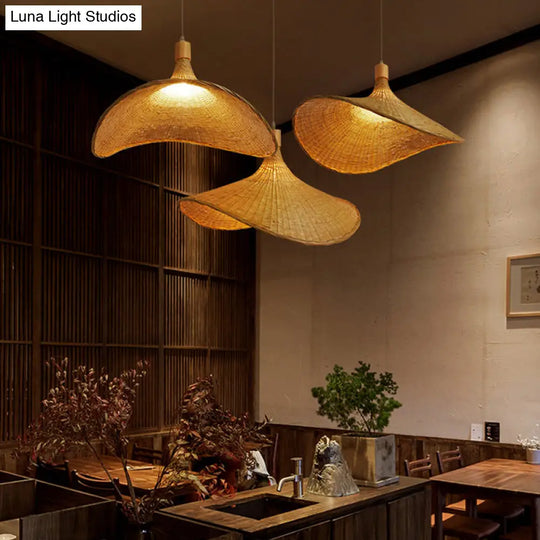 Beige Straw Hat Shape Hanging Lamp Kit Asian 1-Light Rattan Ceiling Pendant Light For Dining Table