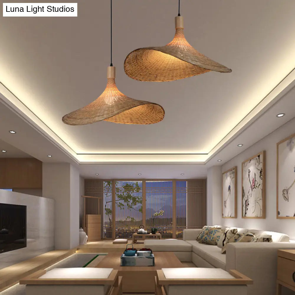 Beige Straw Hat Shape Hanging Lamp Kit Asian 1-Light Rattan Ceiling Pendant Light For Dining Table