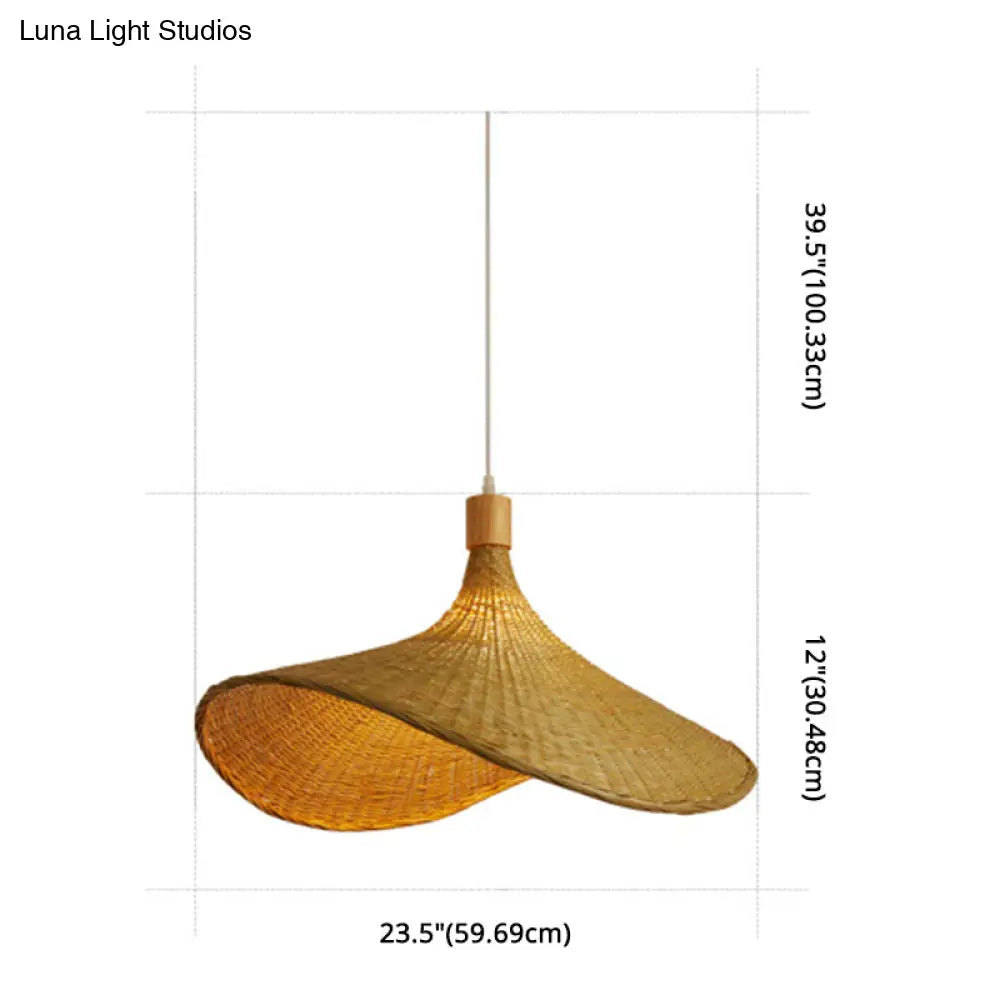 Beige Straw Hat Shape Hanging Lamp Kit Asian 1-Light Rattan Ceiling Pendant Light For Dining Table