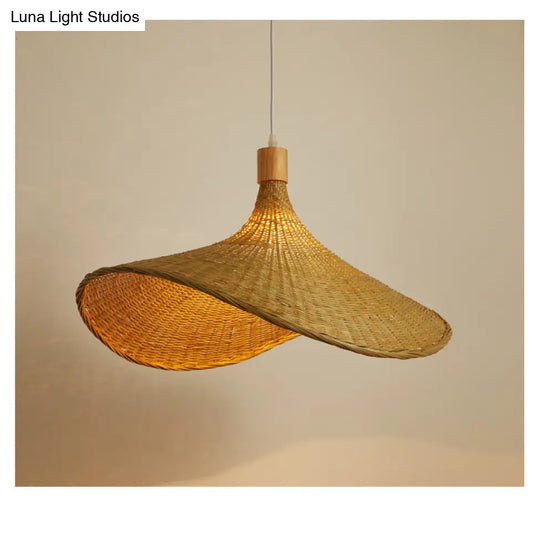 Beige Straw Hat Shape Hanging Lamp Kit Asian 1-Light Rattan Ceiling Pendant Light For Dining Table