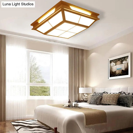 Beige Tapered Flush Light Led Natural Wood Ceiling Lamp In Warm/White - 18/21.5 W