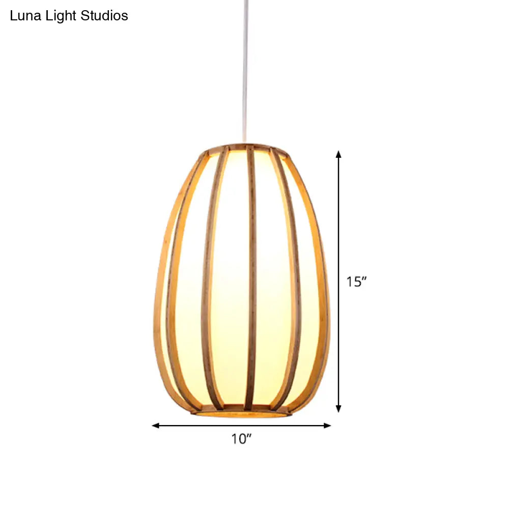 Beige Teardrop Hanging Light - Asian Wood Pendant For Dining Room 1 Bulb Fixture