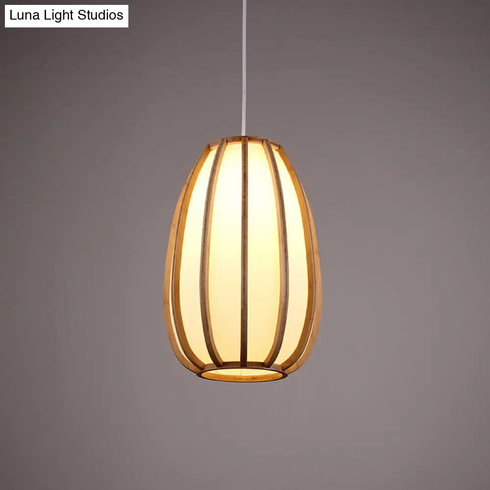 Beige Teardrop Hanging Light - Asian Wood Pendant For Dining Room 1 Bulb Fixture