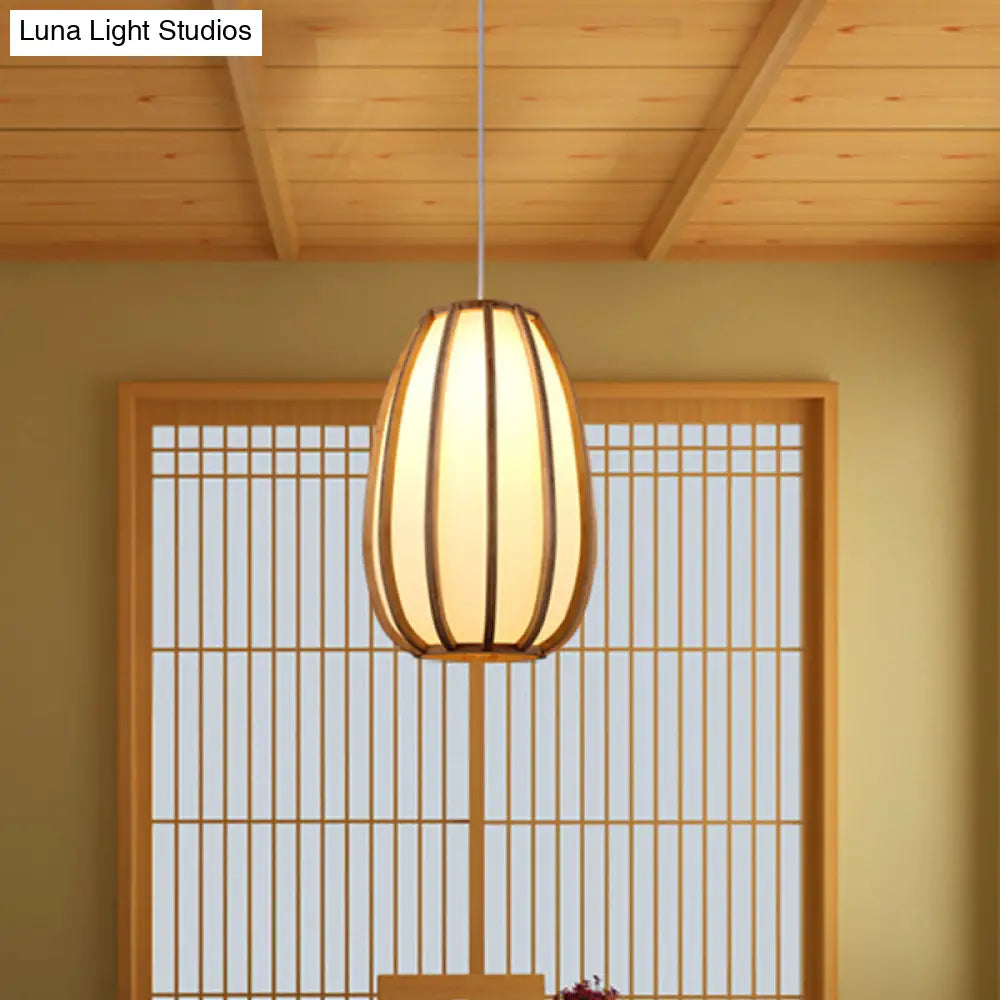 Beige Teardrop Hanging Light - Asian Wood Pendant For Dining Room 1 Bulb Fixture