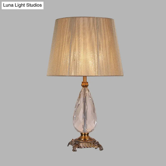 Beige Teardrop K9 Crystal Table Lamp With Fabric Shade - Elegant Bedroom Nightstand Lighting