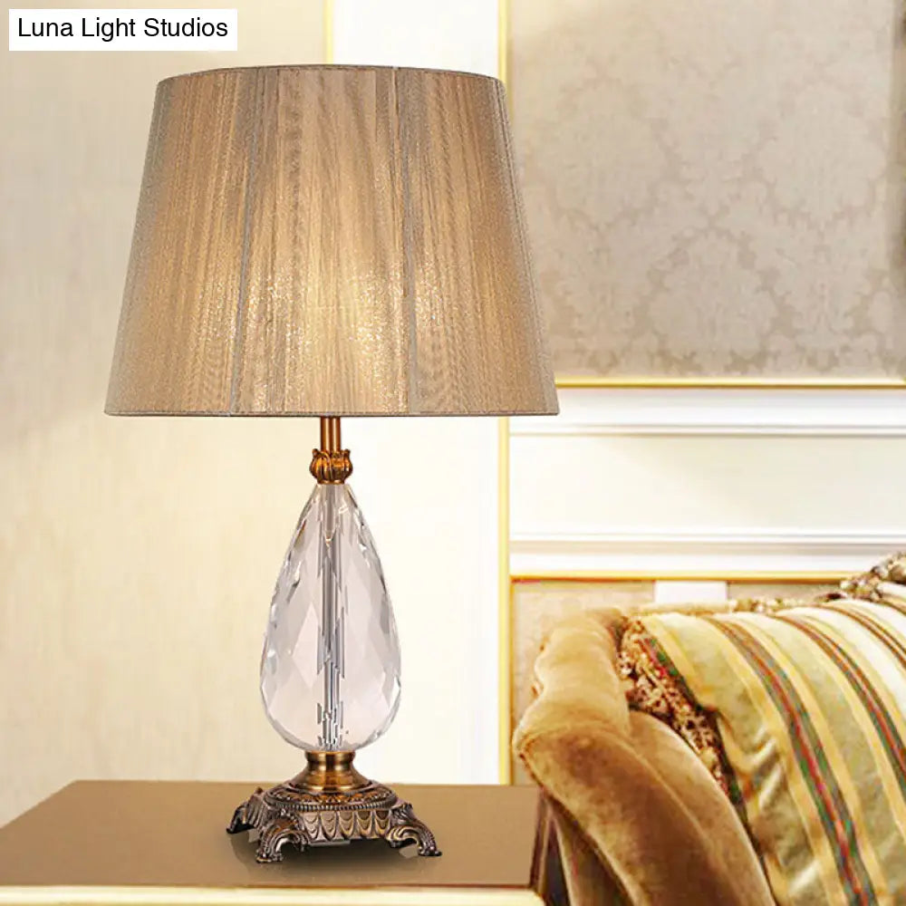 Beige Teardrop K9 Crystal Table Lamp With Fabric Shade - Elegant Bedroom Nightstand Lighting