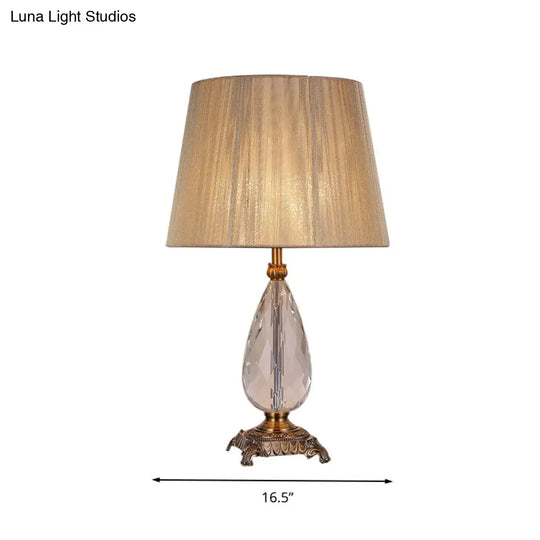 Beige Teardrop K9 Crystal Table Lamp With Fabric Shade - Elegant Bedroom Nightstand Lighting