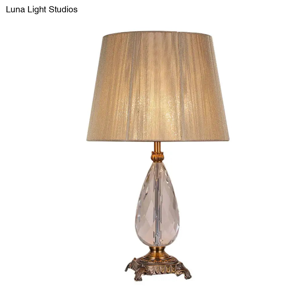 Beige Teardrop K9 Crystal Table Lamp With Fabric Shade - Elegant Bedroom Nightstand Lighting