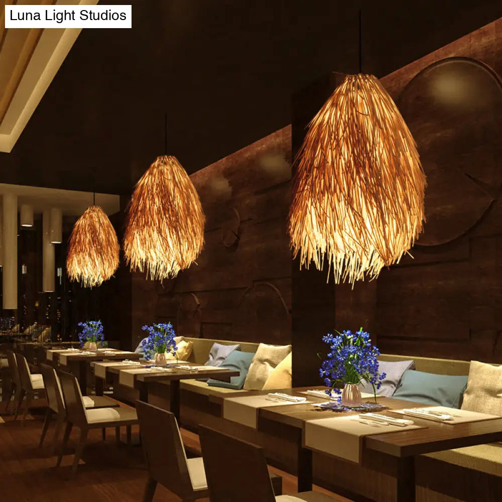 Beige Teardrop Pendant Lamp Asian Stylish 1-Bulb Rattan Hanging Light Fixture For Restaurant