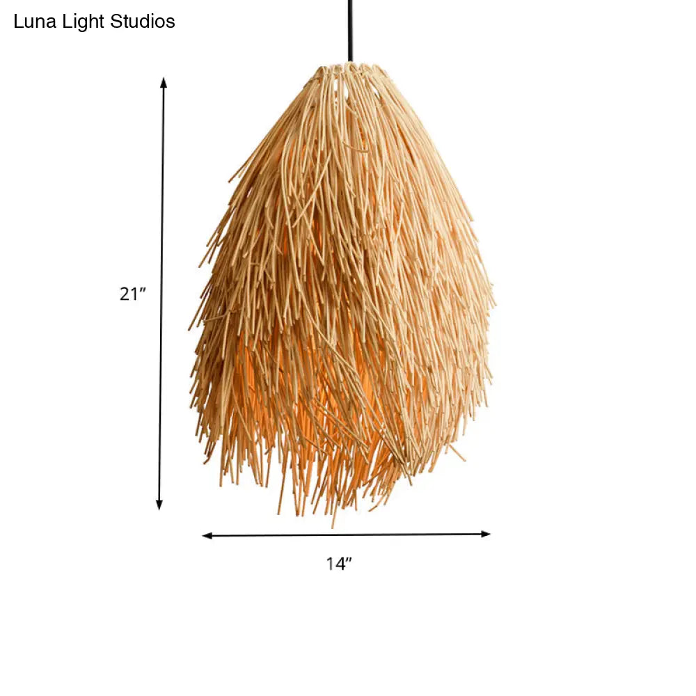 Beige Teardrop Pendant Lamp Asian Stylish 1-Bulb Rattan Hanging Light Fixture For Restaurant