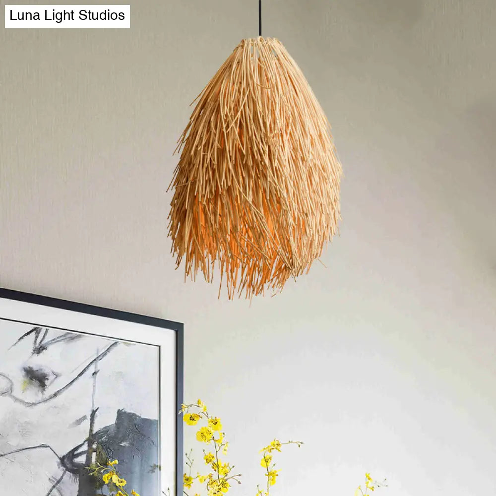 Beige Teardrop Pendant Lamp Asian Stylish 1-Bulb Rattan Hanging Light Fixture For Restaurant