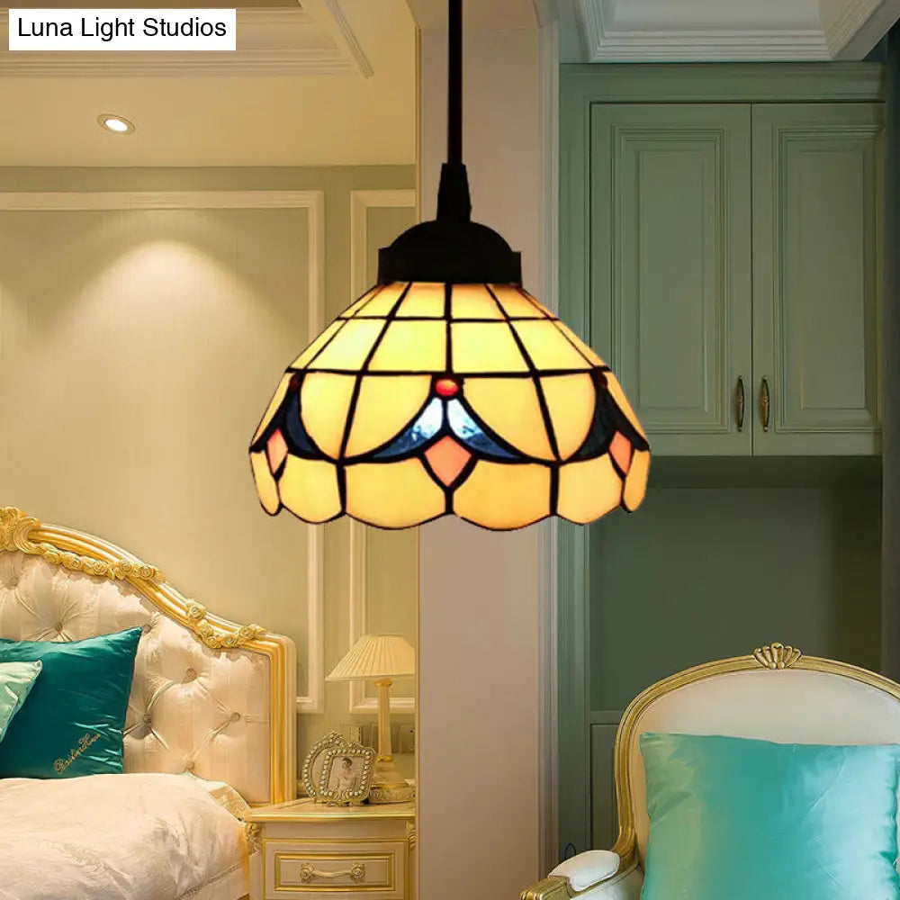 Tiffany Cut Glass Flower Hanging Pendant Light Fixture - Elegant Beige Suspension For Bedroom