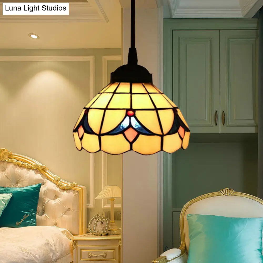 Beige Tiffany Cut Glass Flower Hanging Light Fixture With 1 - Perfect Pendant For Bedroom