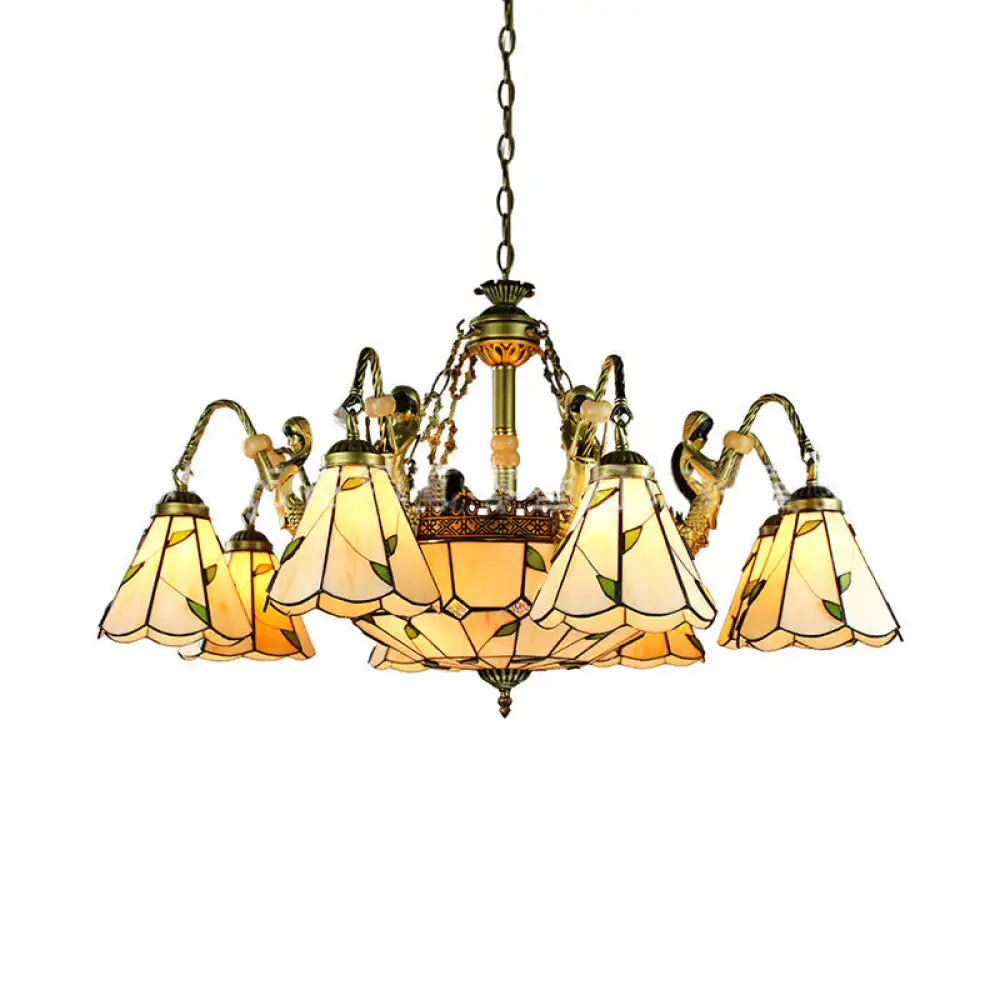 Beige Tiffany Cut Glass Pendant Chandelier - 9/11 Lights Conical Hanging Light With Mermaid Deco 11