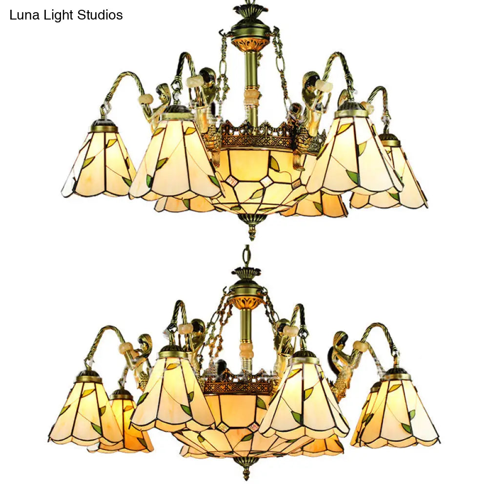 Beige Tiffany Cut Glass Pendant Chandelier - 9/11 Lights Conical Hanging Light With Mermaid Deco