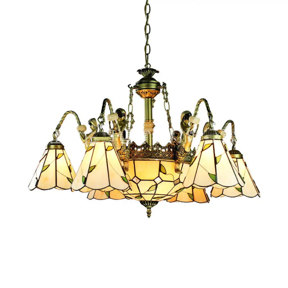 Beige Tiffany Cut Glass Pendant Chandelier - 9/11 Lights Conical Hanging Light With Mermaid Deco 9 /