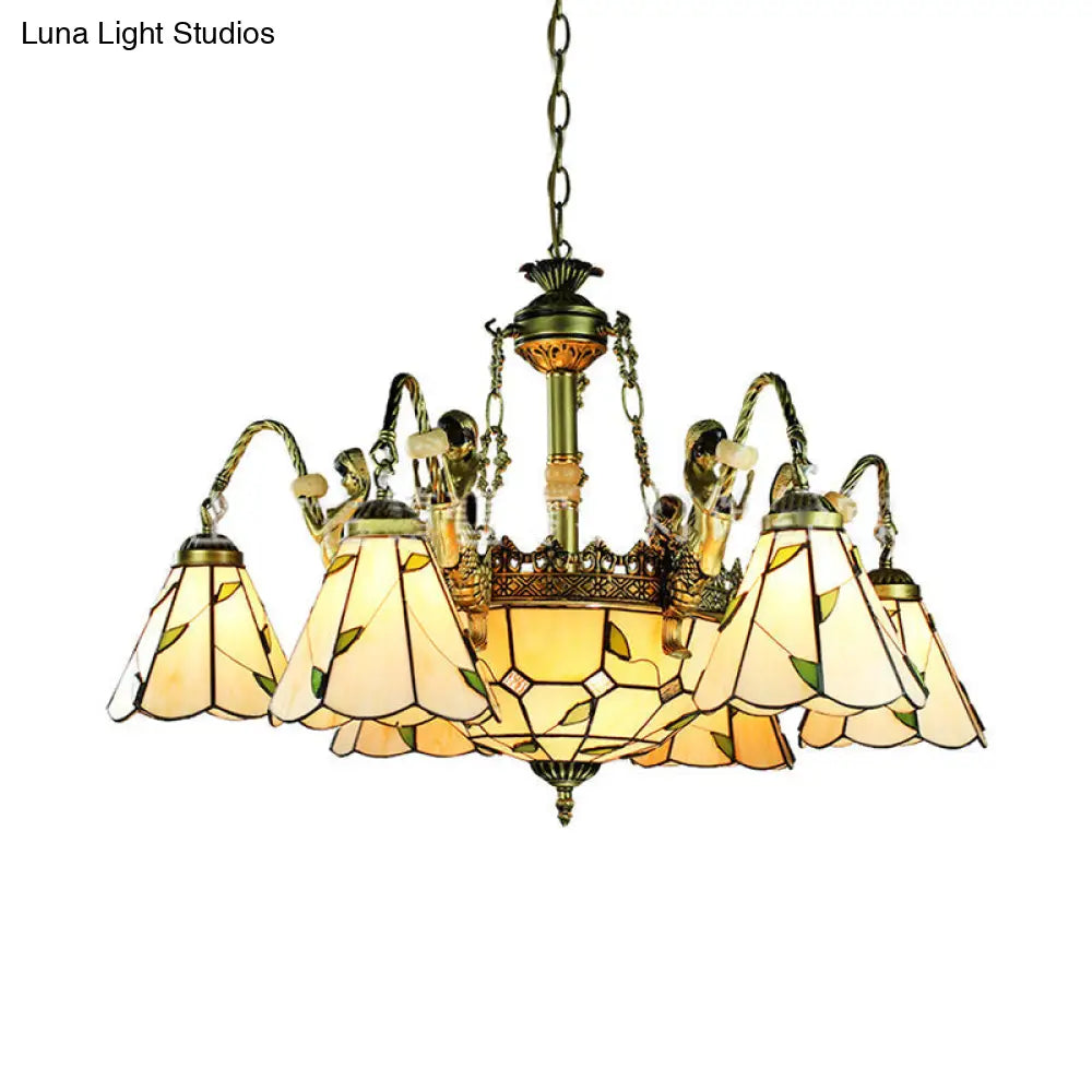 Tiffany Cut Glass Beige Pendant Chandelier: Conical Hanging Light With Mermaid Deco And 9/11 Lights