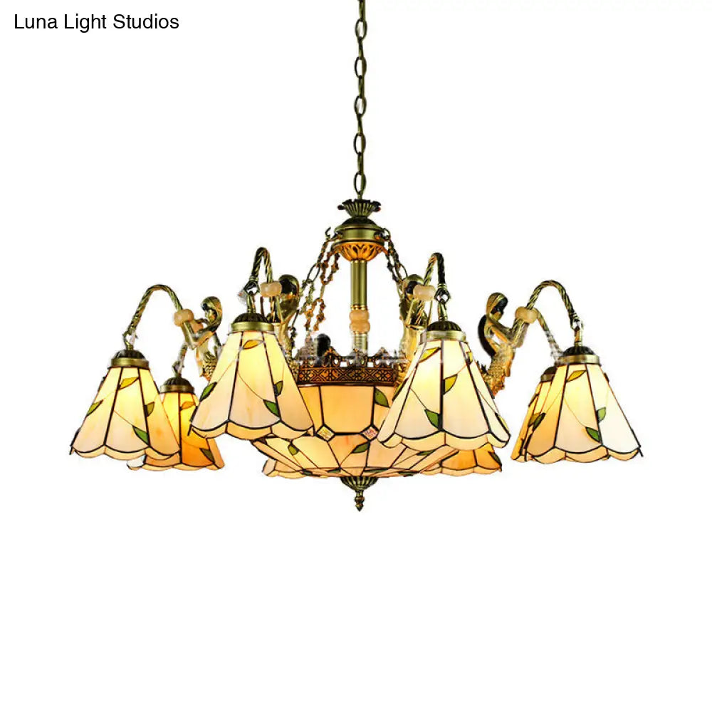 Tiffany Cut Glass Beige Pendant Chandelier: Conical Hanging Light With Mermaid Deco And 9/11 Lights