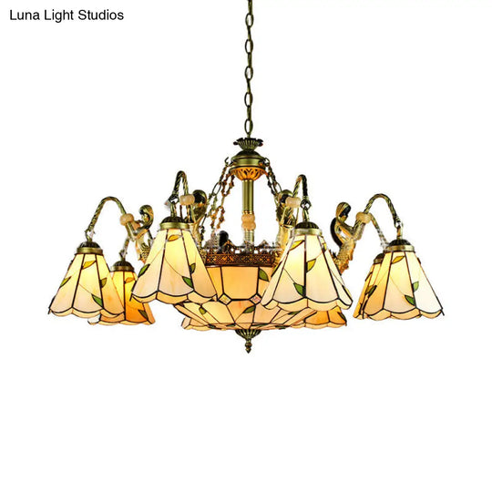 Tiffany Cut Glass Beige Pendant Chandelier: Conical Hanging Light With Mermaid Deco And 9/11 Lights