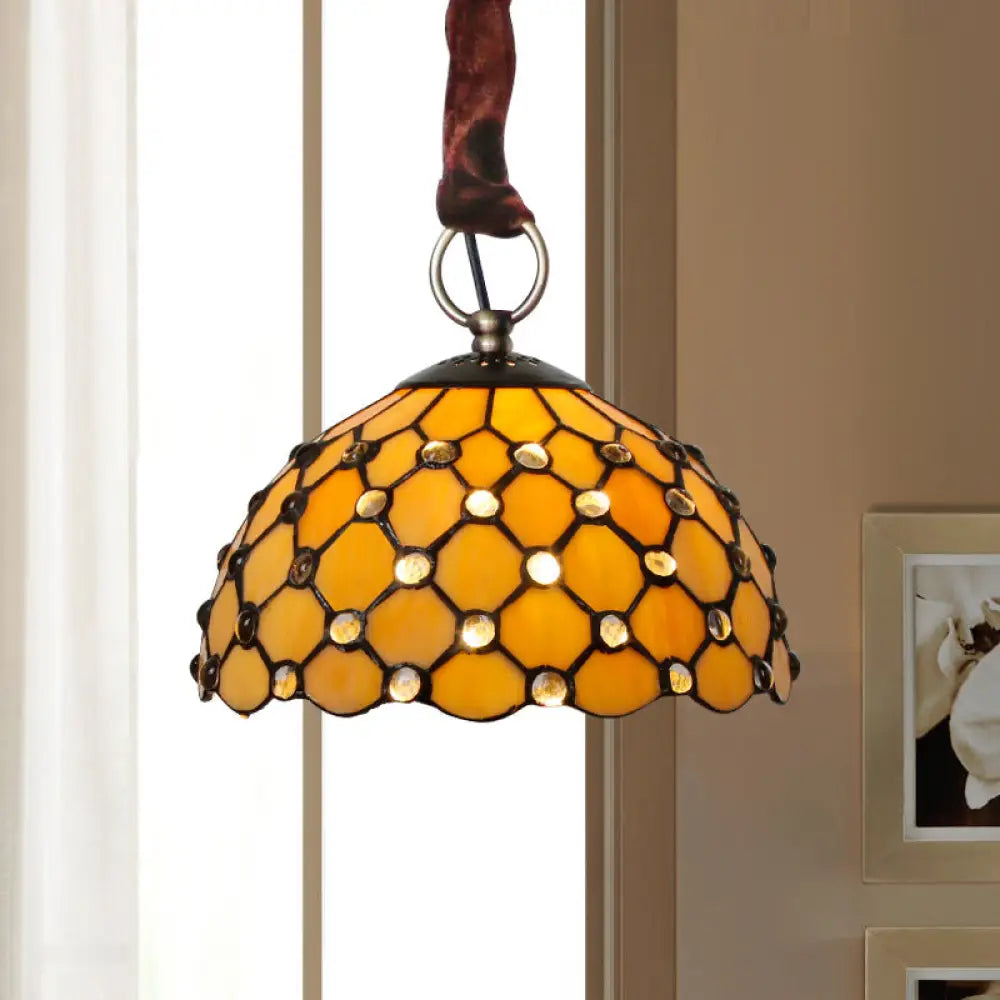 Beige Tiffany Glass Bowl Suspension Lamp: Elegant 1-Bulb Ceiling Light Fixture With Jewel Deco