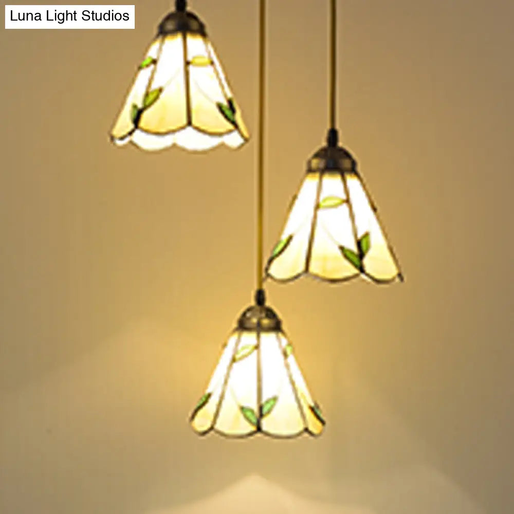Beige Tiffany Stained Glass Suspension Lighting - 3-Bulb Cluster Pendant For Dining Room