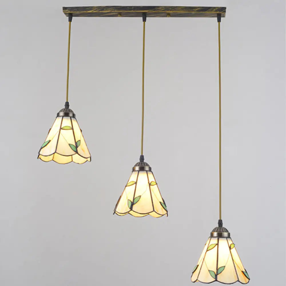 Beige Tiffany Stained Glass Suspension Lighting - 3-Bulb Cluster Pendant For Dining Room / Linear