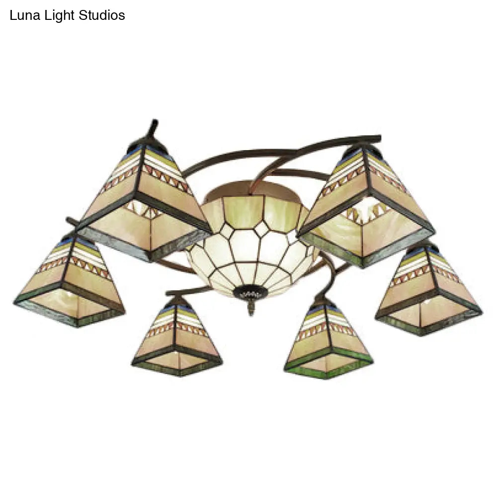 Beige Tiffany Style Stained Glass Chandelier – Pyramid Design Ceiling Fixture For Living Room