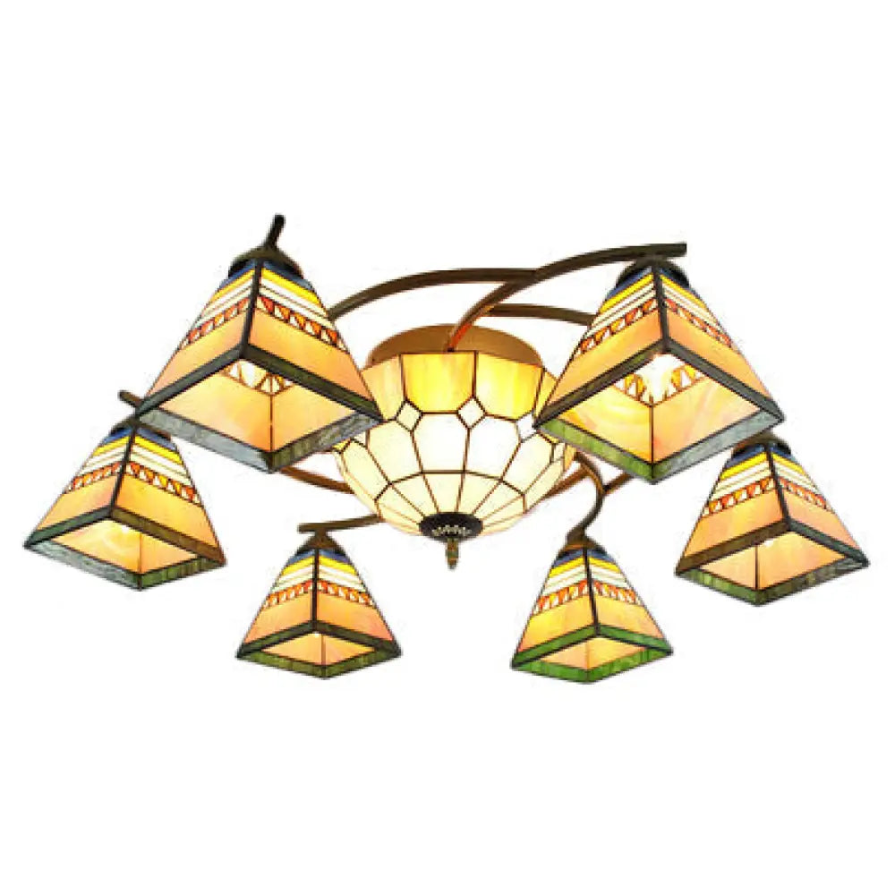 Beige Tiffany Style Stained Glass Chandelier – Pyramid Design Ceiling Fixture For Living Room 7 /