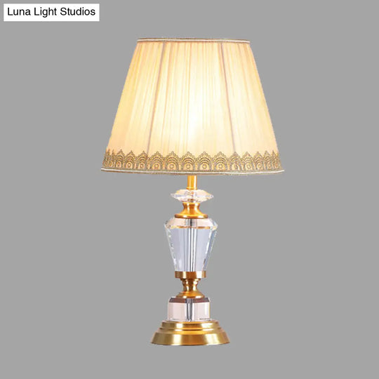 Beige Traditional Drum Nightstand Lamp With Crystal Accent - 1 Light Table For Bedroom