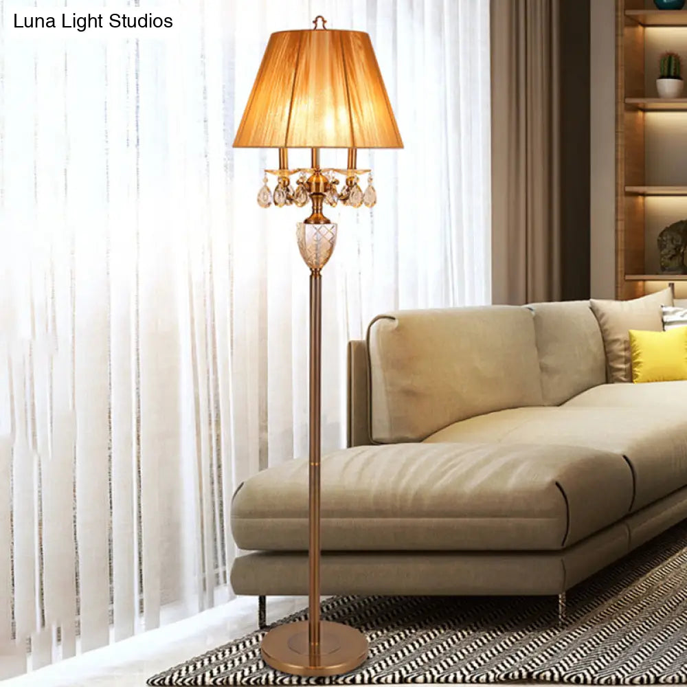 Beige Traditional Fabric Standing Floor Lamp With 3 Lights Tapered Shade And Dangling Crystal