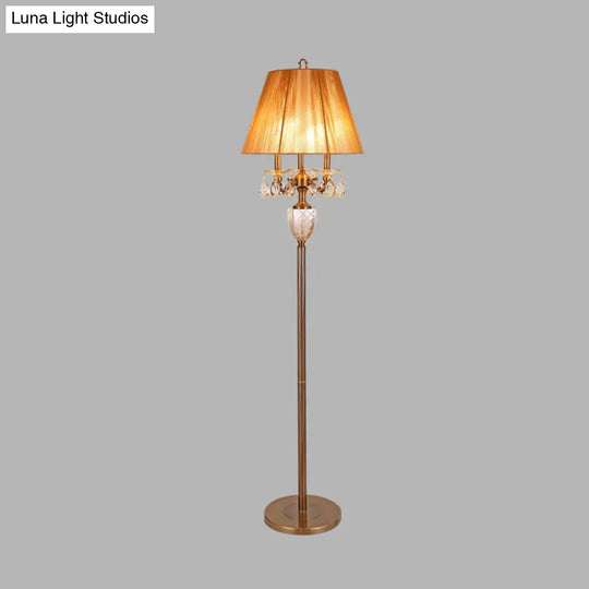 Beige Traditional Fabric Standing Floor Lamp With 3 Lights Tapered Shade And Dangling Crystal