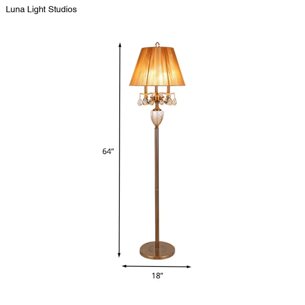 Beige Traditional Fabric Standing Floor Lamp With 3 Lights Tapered Shade And Dangling Crystal