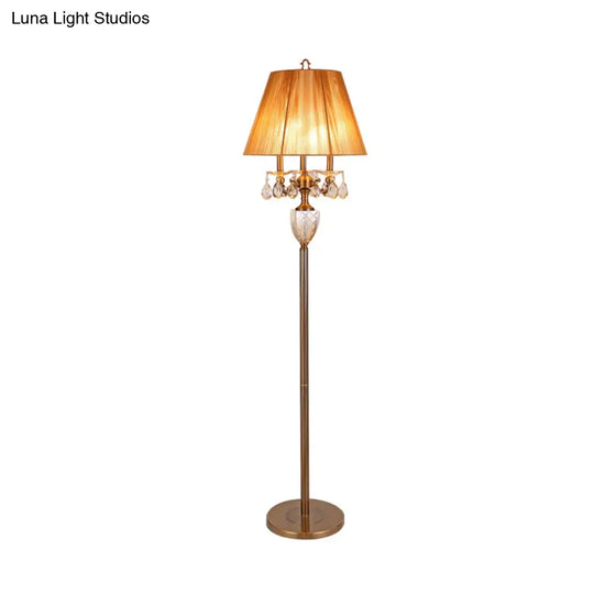 Beige Traditional Fabric Standing Floor Lamp With 3 Lights Tapered Shade And Dangling Crystal