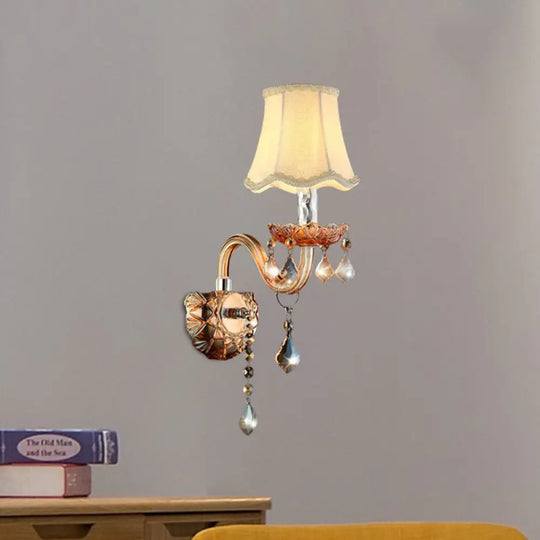 Beige Traditional Fabric Wall Sconce With Crystal Drop And Curved Glass Arm - 1 Bulb Light