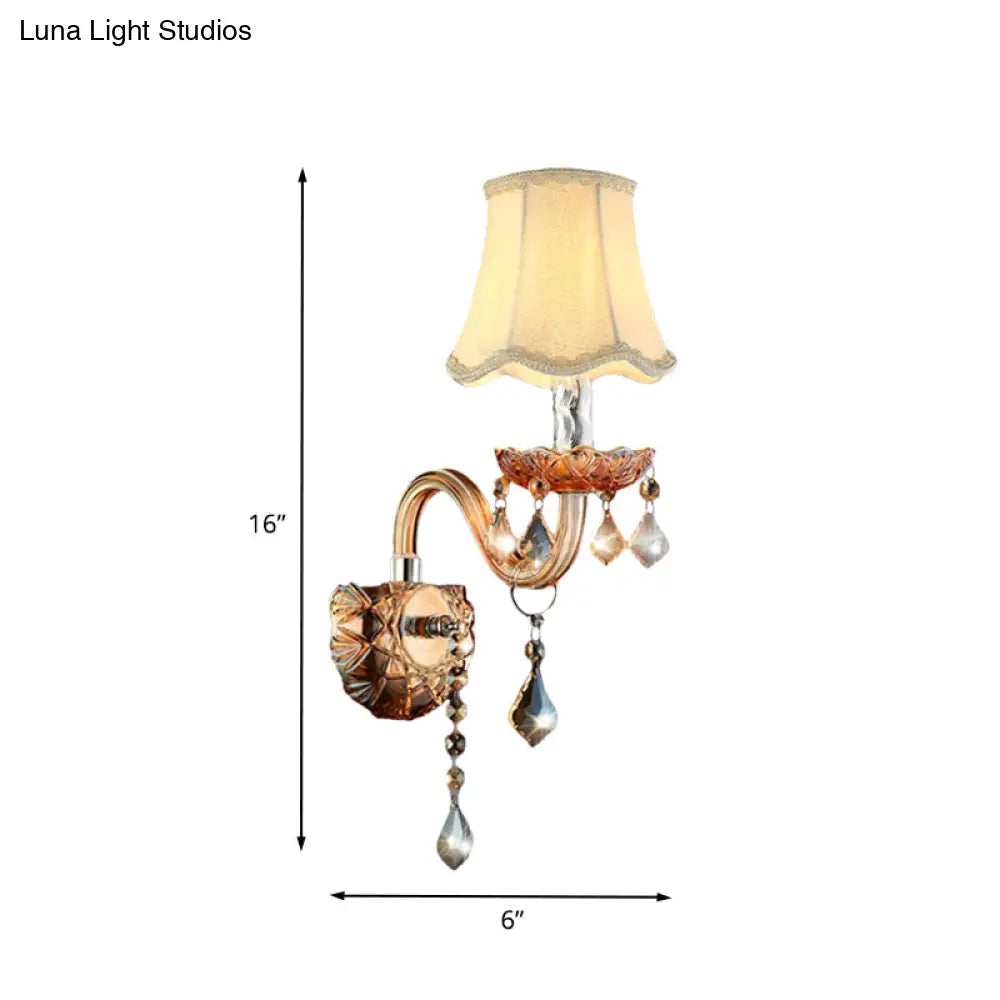 Beige Traditional Fabric Wall Sconce With Crystal Drop And Curved Glass Arm - 1 Bulb Light