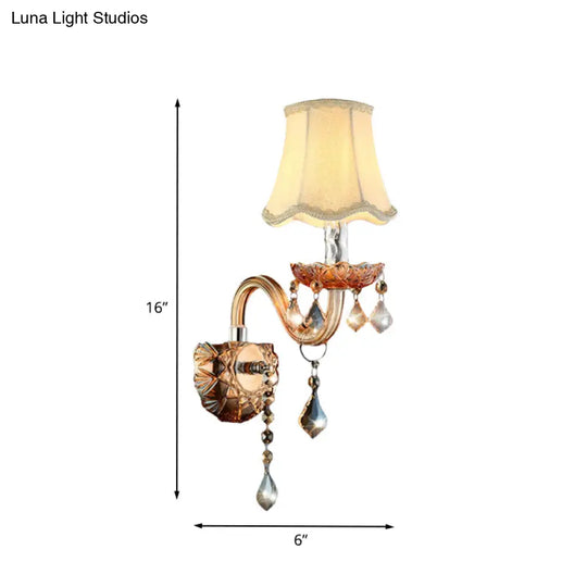 Beige Traditional Fabric Wall Sconce With Crystal Drop And Curved Glass Arm - 1 Bulb Light