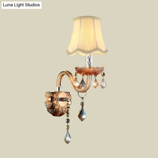 Beige Traditional Fabric Wall Sconce With Crystal Drop And Curved Glass Arm - 1 Bulb Light