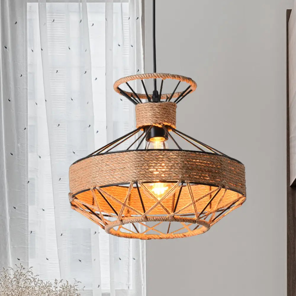 Beige Traditional Rope 1-Light Suspension Lamp: Grenade Cage Design For Dining Hall Ceiling Lighting