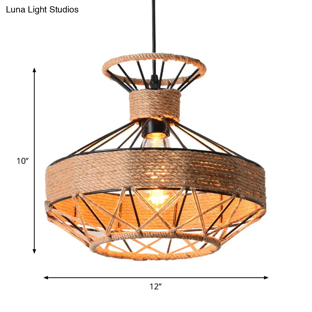 Beige Traditional Rope 1-Light Suspension Lamp: Grenade Cage Design For Dining Hall Ceiling Lighting