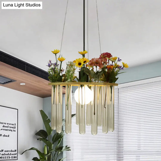 Beige Tubular Ceiling Lamp Loft Clear Glass - 12/19.5 1-Head Hanging Pendant Light With Wood Circle
