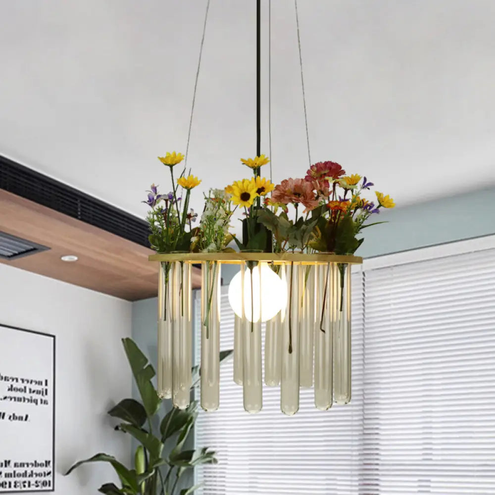 Beige Tubular Ceiling Lamp Loft Clear Glass Pendant Light With Wood Circle - 12’/19.5’ W 1 Head