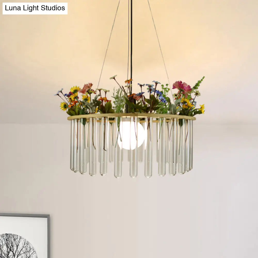 Beige Tubular Ceiling Lamp Loft Clear Glass - 12/19.5 1-Head Hanging Pendant Light With Wood Circle