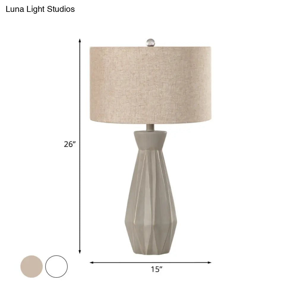 Beige/White Rustic Night Table Lamp With Fabric Drum Shade For Bedside