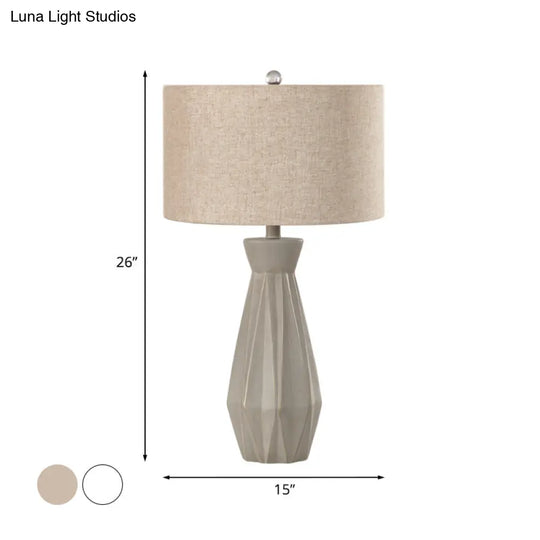 Beige/White Rustic Night Table Lamp With Fabric Drum Shade For Bedside