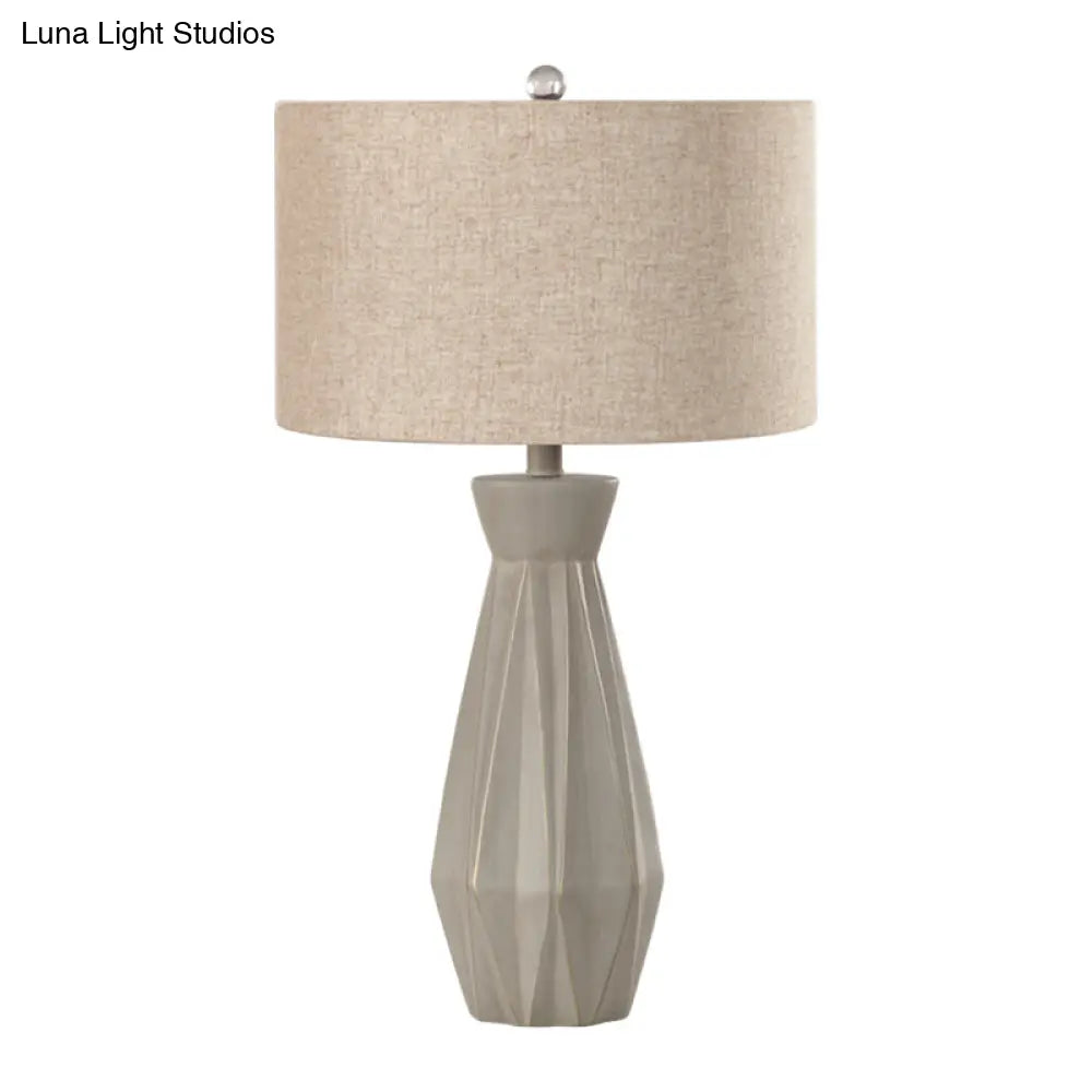 Beige/White Rustic Night Table Lamp With Fabric Drum Shade For Bedside