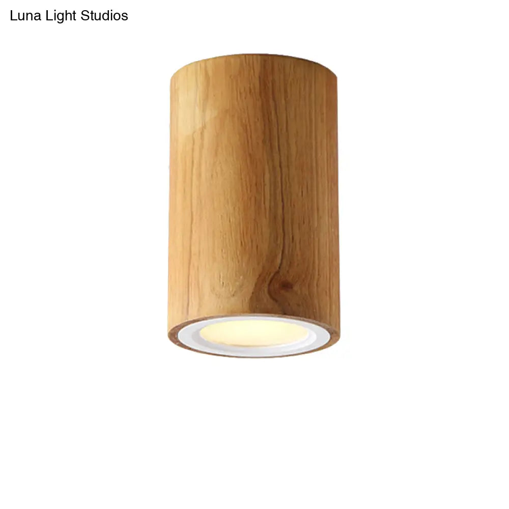 Beige Wood Cylinder Down Light - Asian Inspired Flush Mount For Dining Room