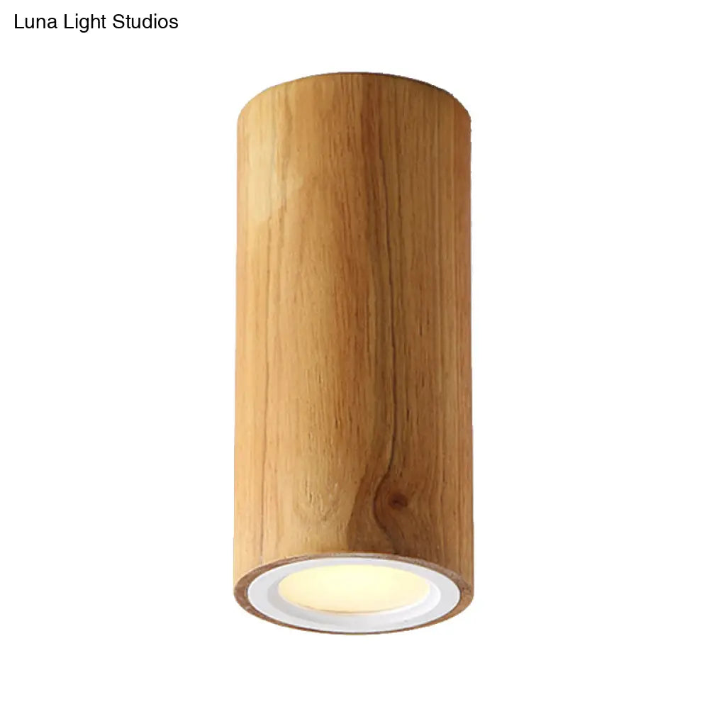 Beige Wood Cylinder Down Light - Asian Inspired Flush Mount For Dining Room