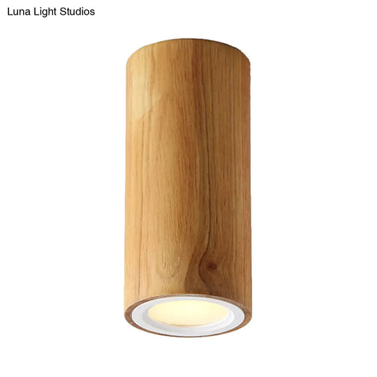 Beige Wood Cylinder Down Light - Asian Inspired Flush Mount For Dining Room