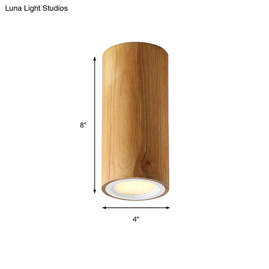 Beige Wood Cylinder Down Light - Asian Inspired Flush Mount For Dining Room