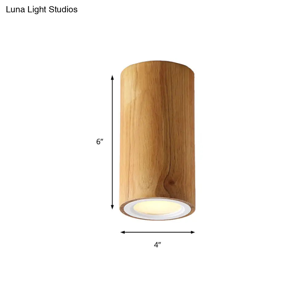 Beige Wood Cylinder Down Light - Asian Inspired Flush Mount For Dining Room